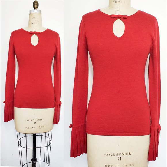 NANETTE LEPORE Womens  Fine Knit Meriono Wool Sweater Pleated Cuff Bow Red M - Picture 1 of 7
